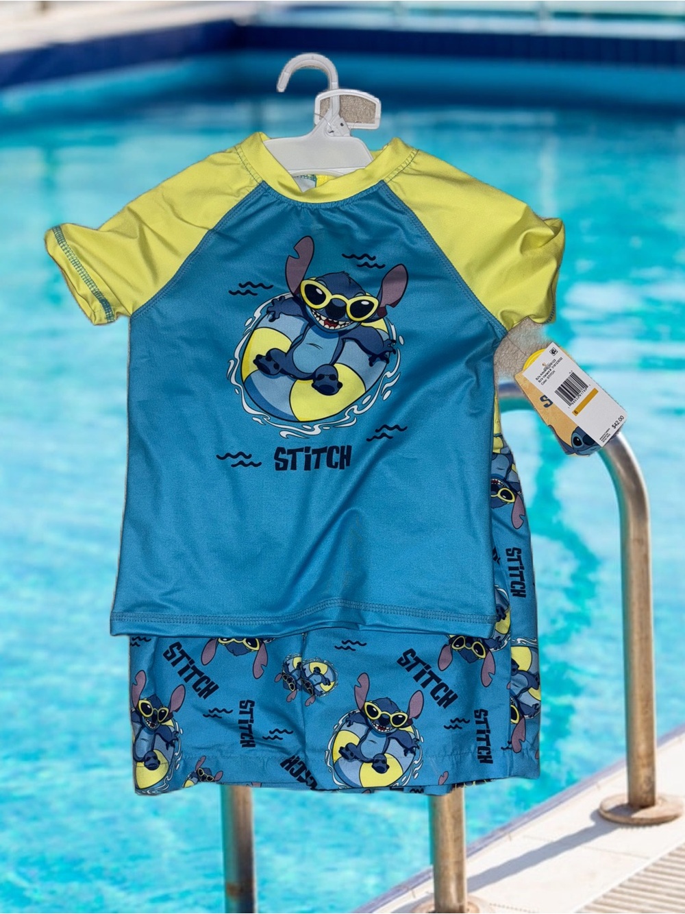 Disney's Stitch Pool Lounging Rashguard & Swim Trunks Bathing Suit Boys Size 6
